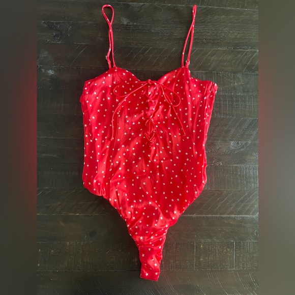 NWT Zara Red Satin Effect Bodysuit White Star Print Sz M Celebrate Patriotic - Picture 2 of 12